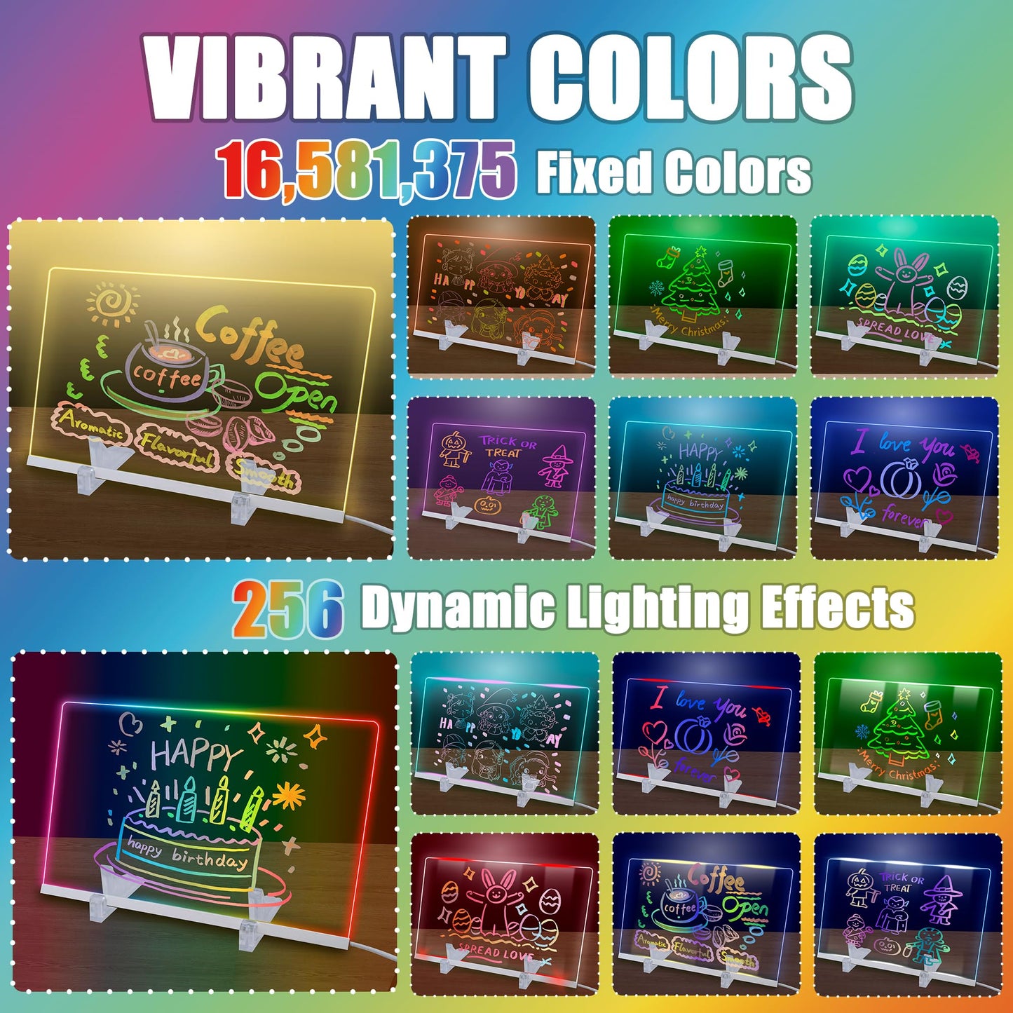 Scratch‑Proof Glass LED Drawing Board with 16 Million Colors & 256 Dynamic Effects, LED Note Board with Colors, Light Up Drawing Board with 12 Pens, Cleaning Cloth & Gloves, 11.81’’X7.87’’