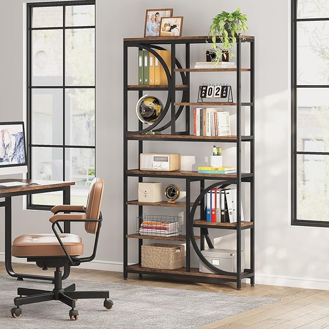 Tribesigns Bookshelf, Industrial 8-Tier Etagere Bookcases, 77-Inch Tall Book Shelf Open Display Shelves, Wood Look Accent Shelving Unit with Metal Frame for Home Office (1, Brown/Black)