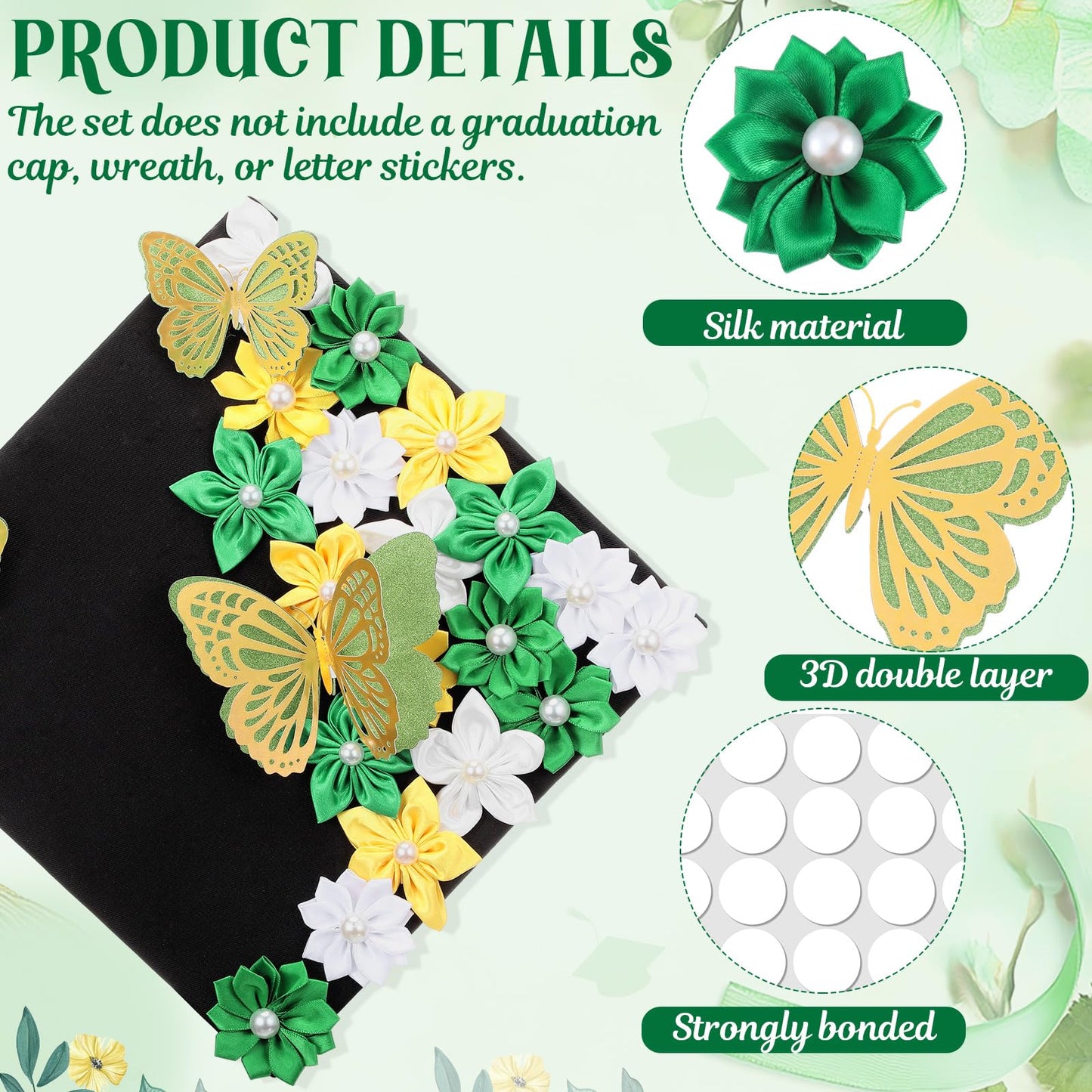 Dunzoom 36 Pcs DIY Graduation Cap Decorations Kit Graduation Ribbon Leis Decor Include Satin Fabric Flowers 3D Butterfly for Grad Hat Craft Party Supplies(Green)
