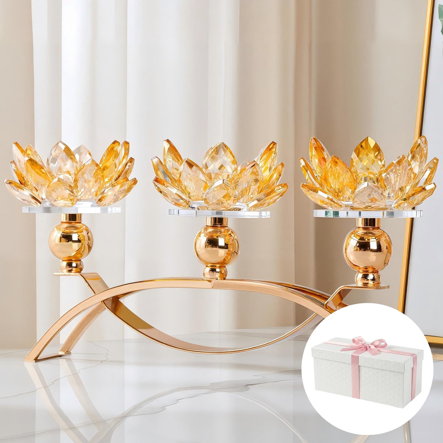 Dounx 5.6" Tall Crystal Candle Holders Lotus Candelabras Gold Arch Candlestick, Centerpiece Table, Home Hecor for Wedding, Dinning Room, Coffee Table, Kitchen, Living Room (26.7cmL, Tealight Candle)
