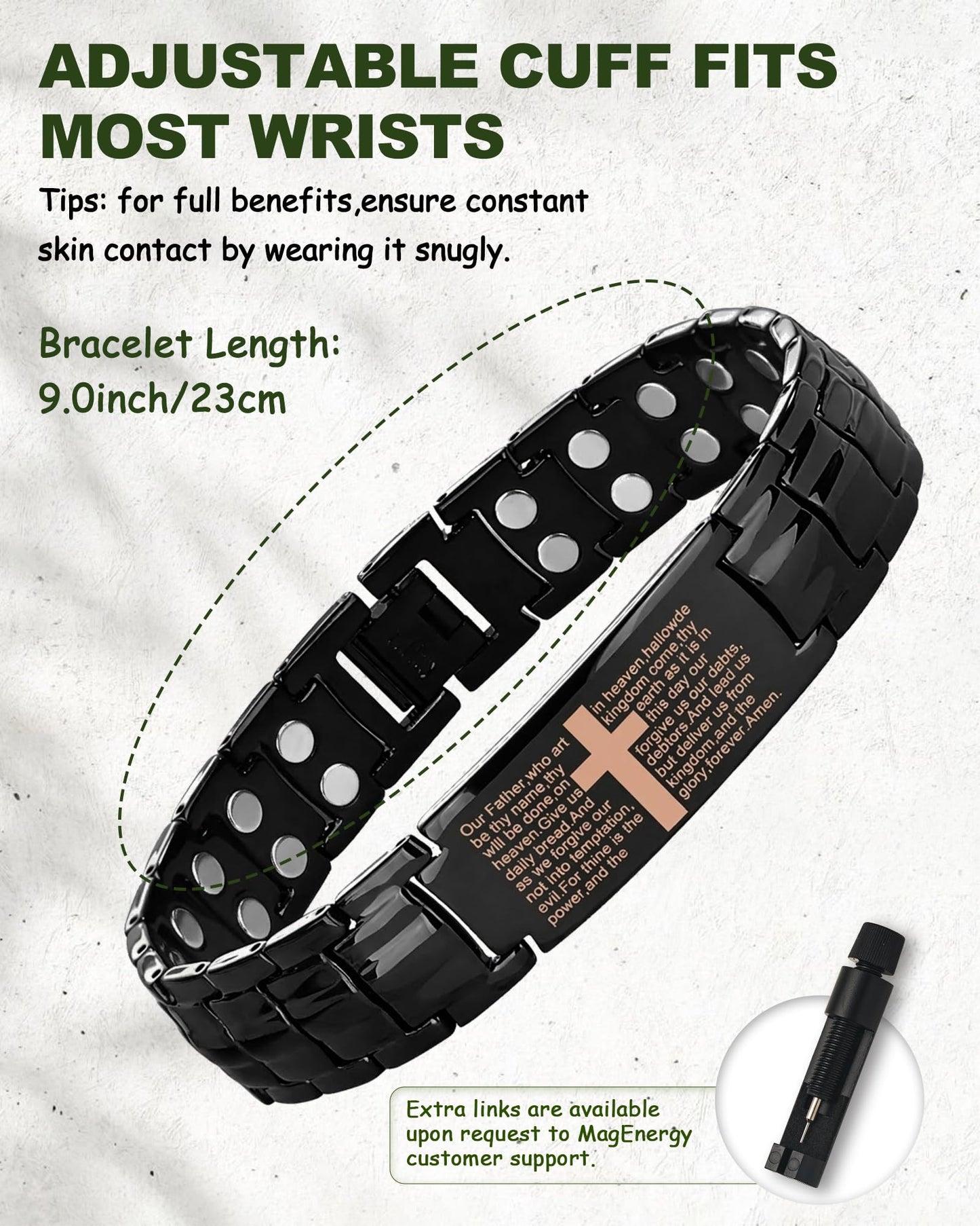 MagEnergy Copper Bracelet for Men,99.9% Pure Copper Cross Bracelet with Double-Row Strong Magnets, Adjustable with Sizing Tool, Men's Jewelry Gift