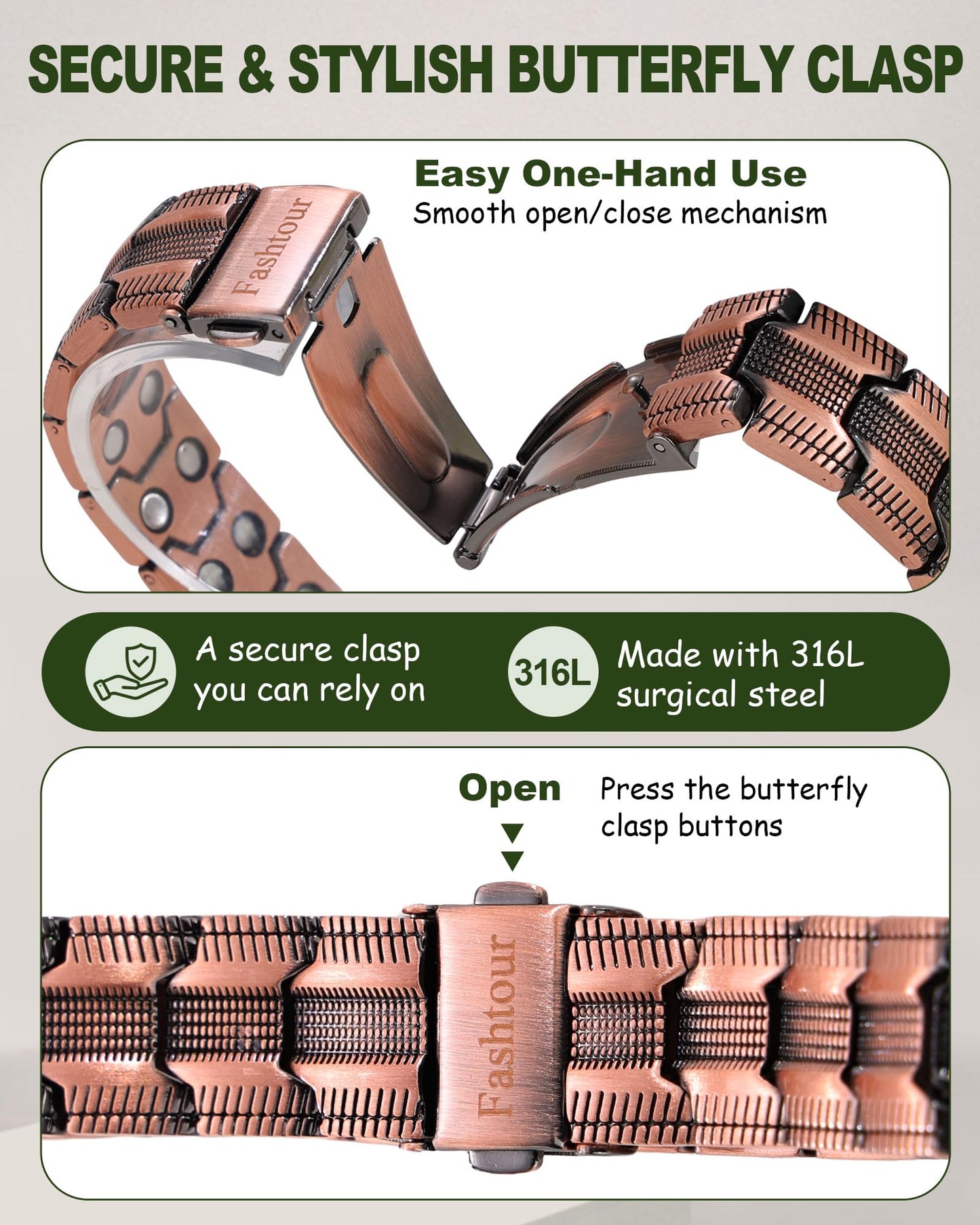 Fashtour Copper Bracelet for Men, 2X Strength 99.99% Pure Copper Magnetic Bracelet with Magnets, Butterfly Clasp Design, Adjustable Length with Sizing Tool (Copper)