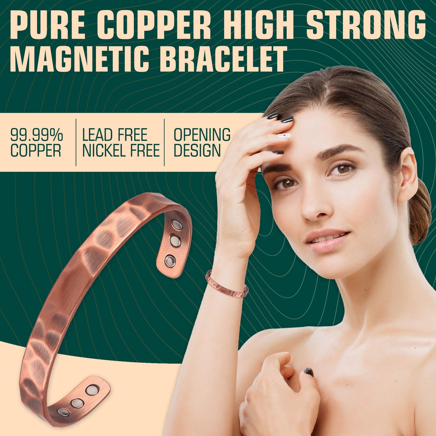 FASCIO Copper Bracelet and Ring, Copper Bracelet with 6pcs 3500 Gauss Magnet for Lymphatic Drainage,Magnetic Field Therapy(Cuff * 1 · Ring * 1)