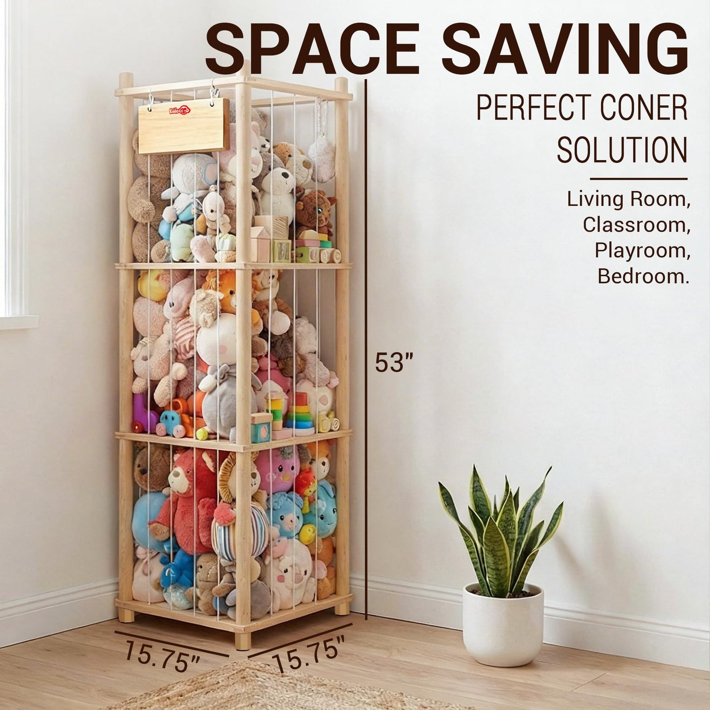 KiddoCood Kids CPC & TIC Certified Stuffed Animal Storage - 3-Tier Natural Solid Wood Plush Toy Organizer & Holder, Corner Solution for Playroom & Nursery, BPA-Free & Zero Glue