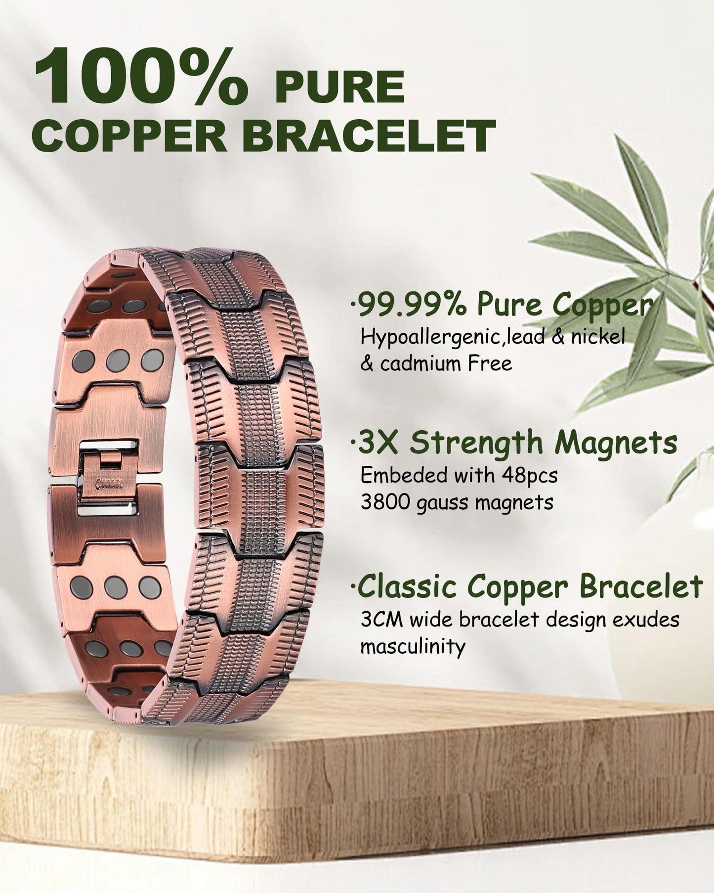 MagEnergy Copper Bracelet for Men, 3X Strength Magnetic Bracelet with 99.99% Pure Copper Ring & 3800 Gauss Magnets, Adjustable Length with Sizing Tool