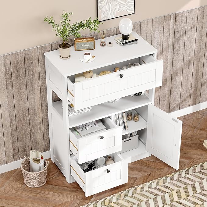Bathroom Cabinet, Modern Bathroom Floor Storage Cabinet Organizer with 1 Door and 3 Drawers, Freestanding Cupboard for Kitchen/Living Room Use