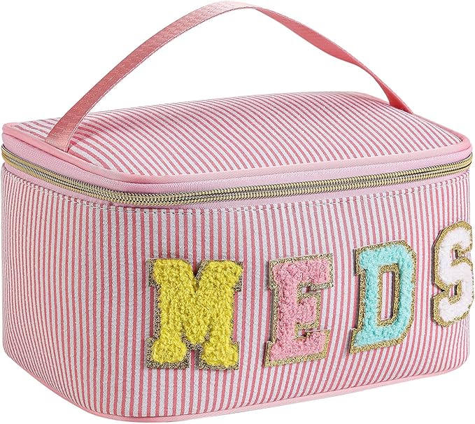 uekeboag Personalized Chenille Letter Seersucker MEDS Makeup Bag,Large Size Medicine RX Cosmetic Bag with Top Handle, First Aid Travel Organizer Bag for Women Girls(05Pink)