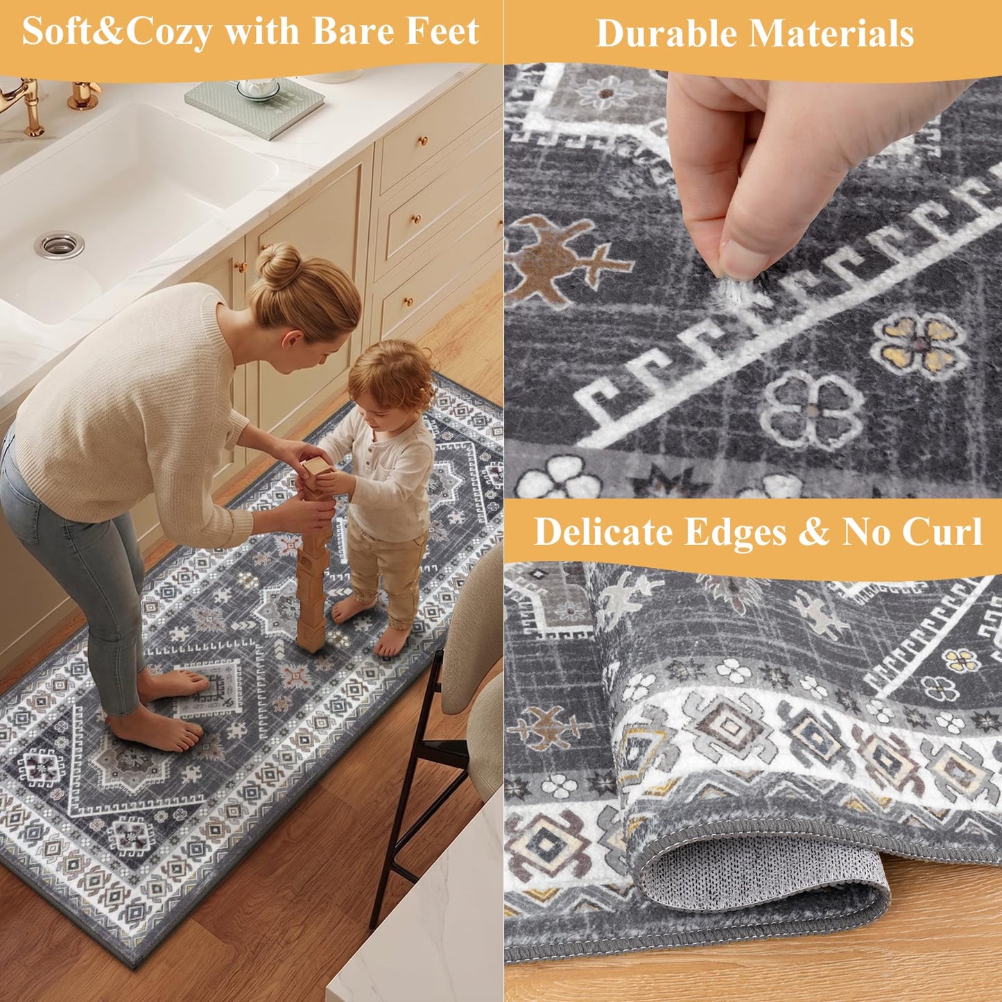 HEBE Boho Kitchen Rug Sets 3 Piece with Runner Non Slip Kitchen Rugs and Mats Washable Kitchen Mats for Floor Thick Kitchen Floor Mat Carpet Runner Rugs for Hallway Laundry Holiday Decor