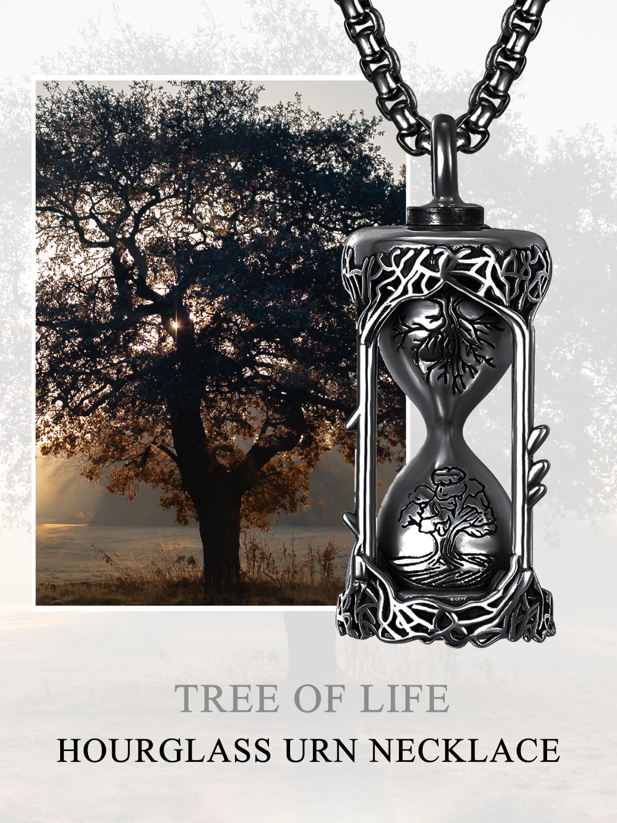 ADMETUS Tree of Life Hourglass Urn Necklaces for Ashes Black Cremation Jewelry for Ashes for Men Ash Keepsake Pendant Memorial Gifts