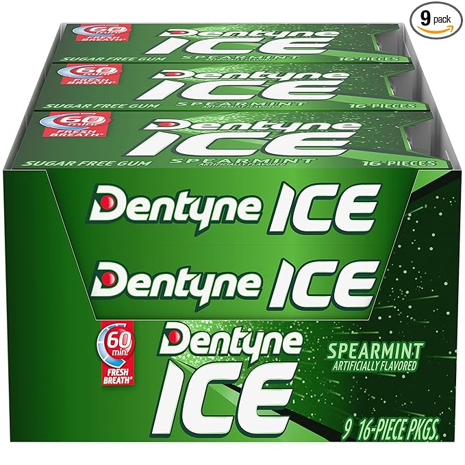 Dentyne Ice Spearmint Sugar-Free Chewing Gum, 9 Packs of 16 Pieces (144 Total Pieces)