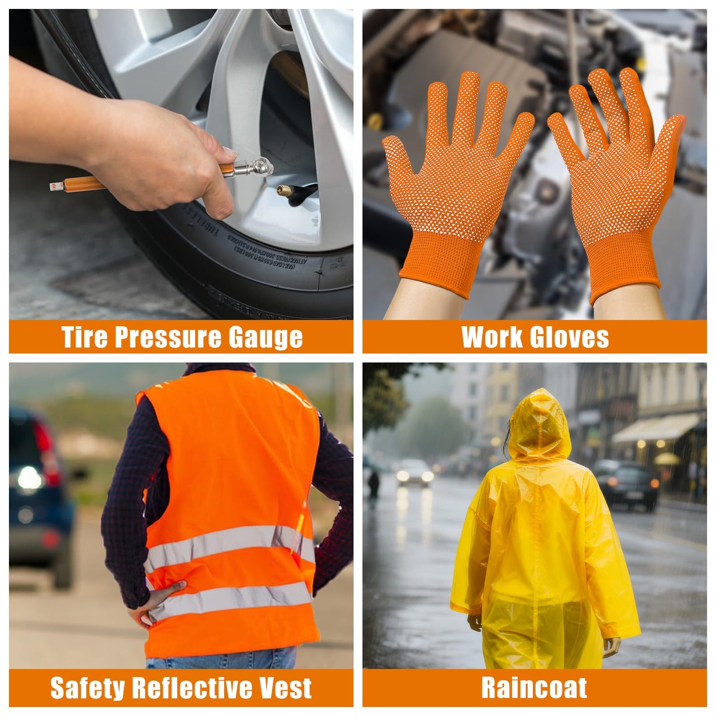 AUTODECO Car Roadside Emergency Kit, Car Safety Kit Portable Car Kits for Emergency with Jumper Cable, Safety Hammer, Orange