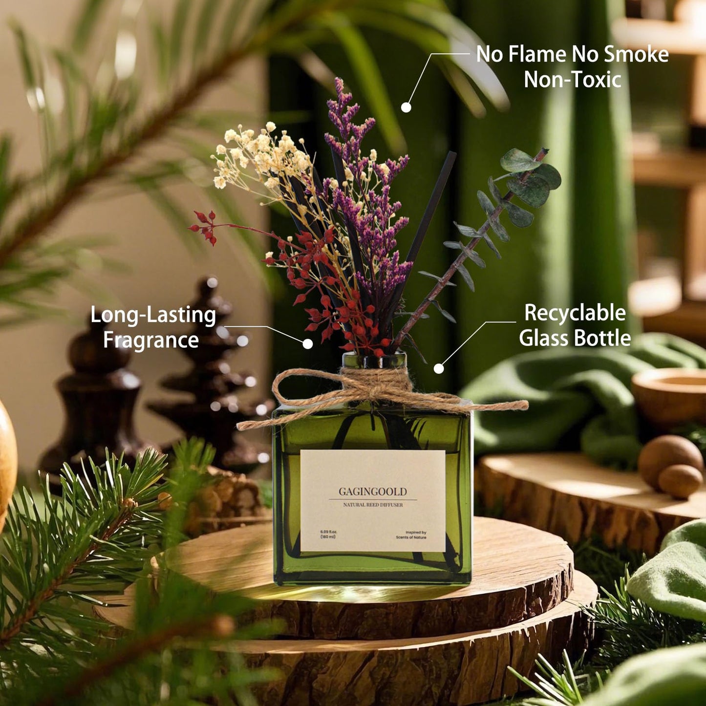 GAGINGOOLD Reed Diffuser, 6.09 oz Earthy Sandalwood Scent Diffuser with Sticks & Dried Flowers, 120 Days Long Lasting diffusers for Home, Elegant Fragrance for Bathroom Bedroom Office Decor Air Fresh