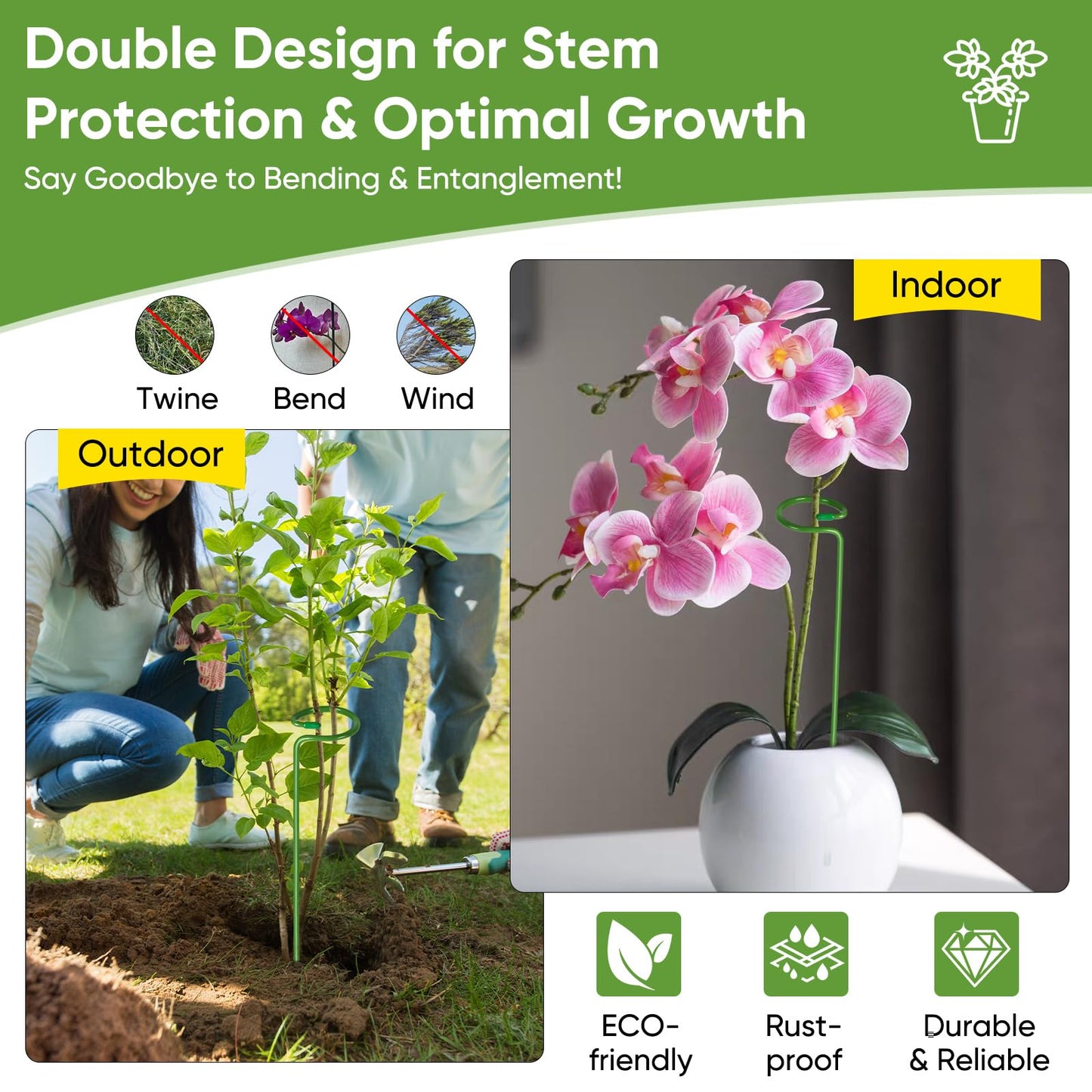 12 Pack Plant Support Stakes with 24 Pcs Plant Clips, Garden Single Stem Support Stake, Plant Cage Support Ring for Indoor Outdoor Flowers Rose Amaryllis Tomatoes Peony Lily Orchid