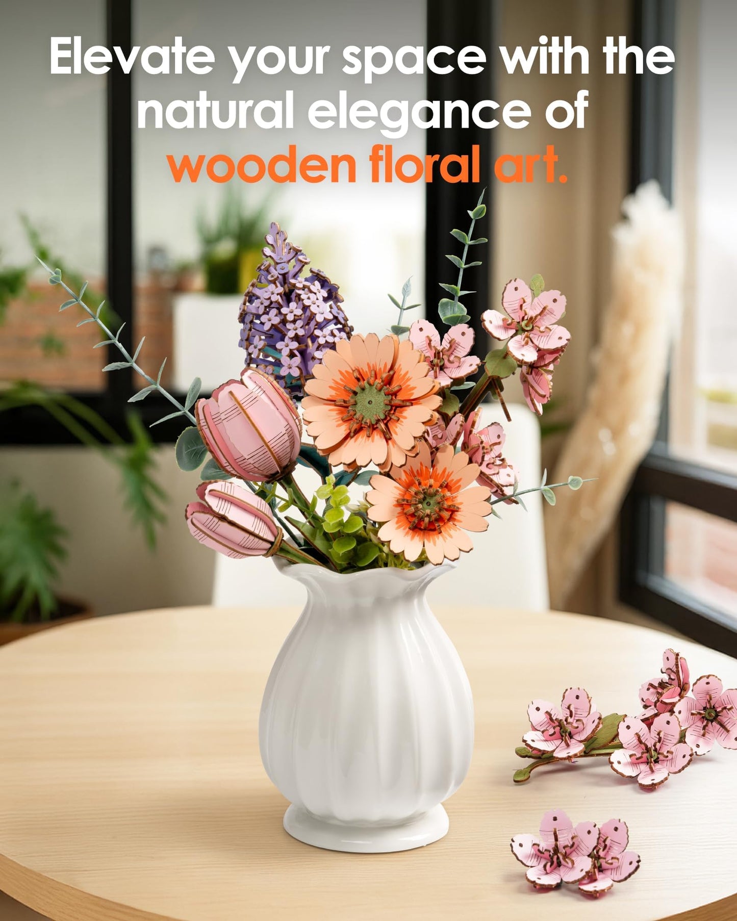 rowood 3D Puzzles for Adults,Mother's Day DIY Wooden Flower Building Set Craft Kits,Botanical Collection Home Decor, Teacher's Day/Christmas/Birthday Gift- Orange Gerbera Daisy