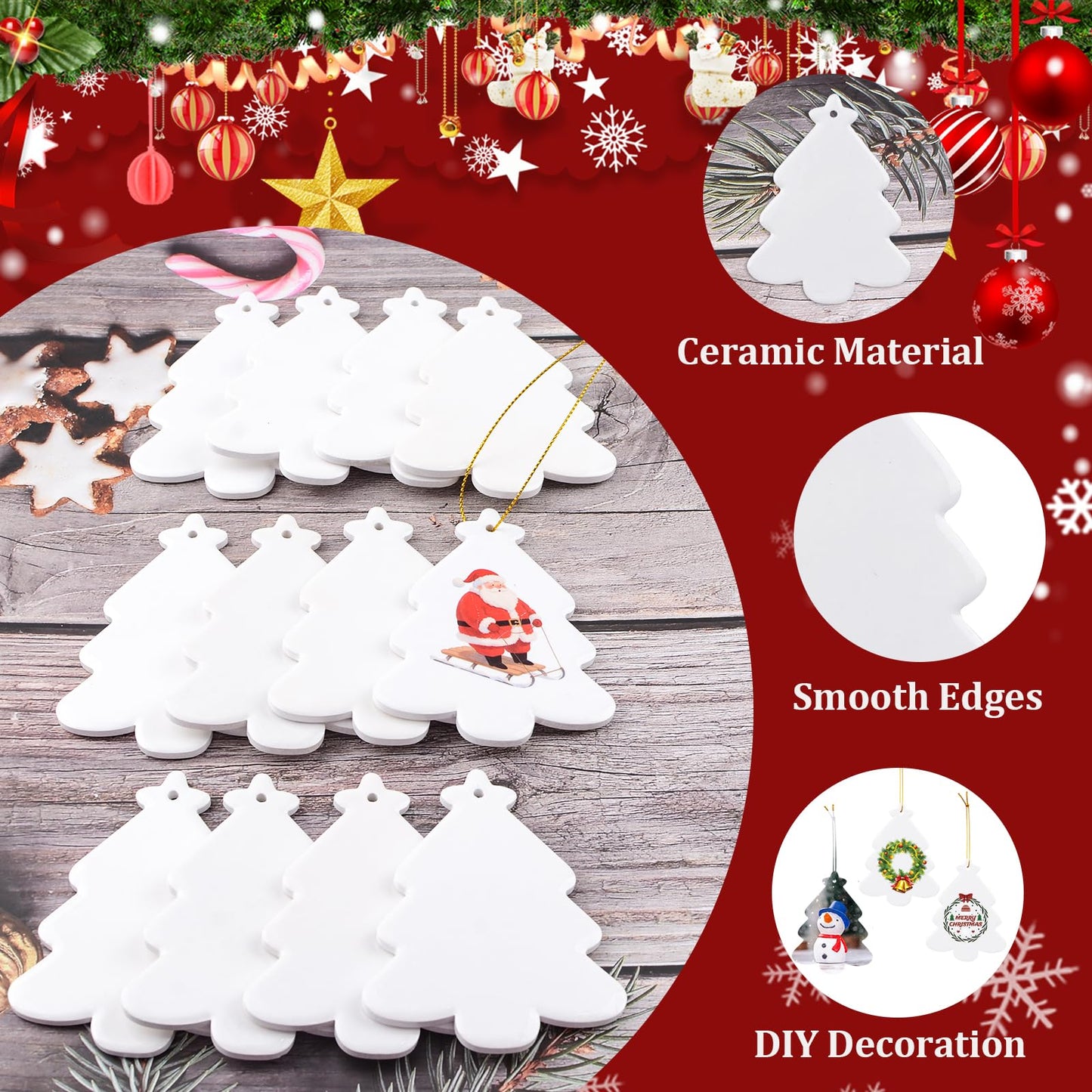 WANDIC Sublimation Ceramic Ornaments Blank, 12Pcs Christmas Tree Shaped Personalized Decoration Bulk White Ceramic Tile with Gold String for Crafting