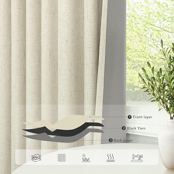 Cream Beige Blackout Curtains 90 Inches Long Thick Linen Patio Curtains for Sliding Glass Doors Cute Black Out Curtain for Nursery Bedroom Aesthetic Back Tab Pocket Pleated Drape 2 Panels 52x90 Length