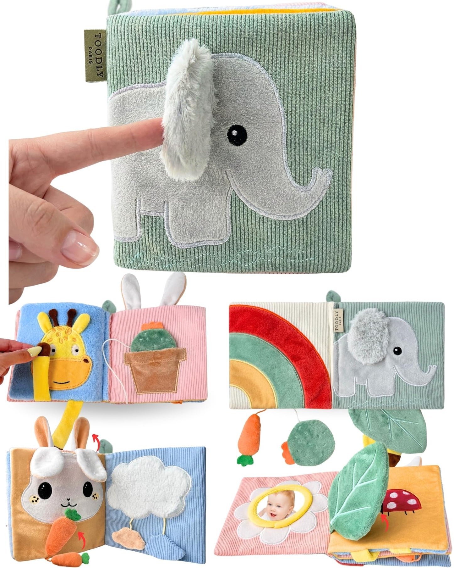 Toodly Cute Soft Baby Book with Mirror, Activities, Touch and Feel & Crinkle Pages - Interactive Sensory Cloth Toy for Babies 0-6, 6-12 & 12-18 Months - Adorable Animal Themes for Early Development