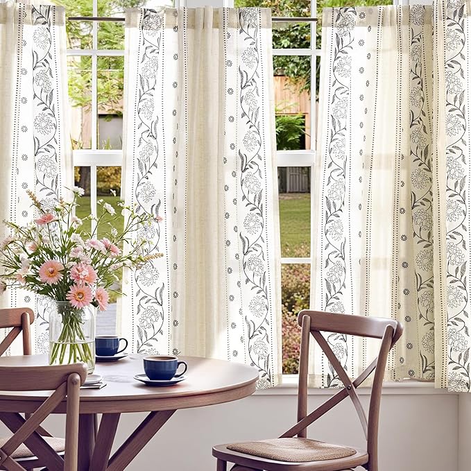 jinchan Winslow Linen Curtains 54 Inch Length Small Window Curtains Embroidered Bordered Floral Drapes Light Filtering for Bathroom Laundry Room Kitchen Farmhouse Decor Blue on Beige 2 Panels