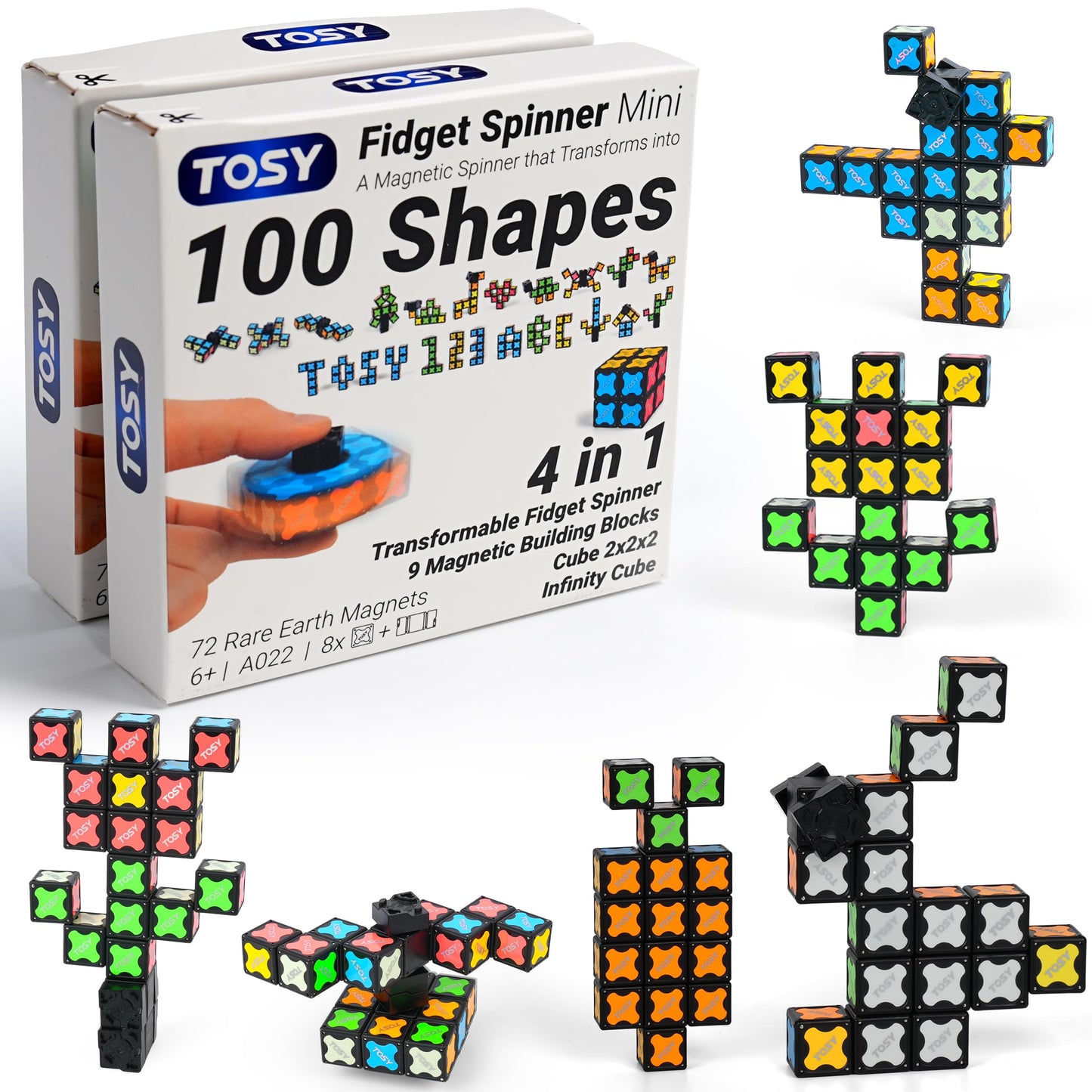 TOSY Magnet Fidget Spinner Mini - 8 Blocks, 3in1 Toy: Transformable Fidget Spinner, Infinity Cube, 2x2 Puzzle Cube, Easter Basket Stuffers Gift for Kids/Adult, STEM Sensory Stress Relief Toy, 2-Pack