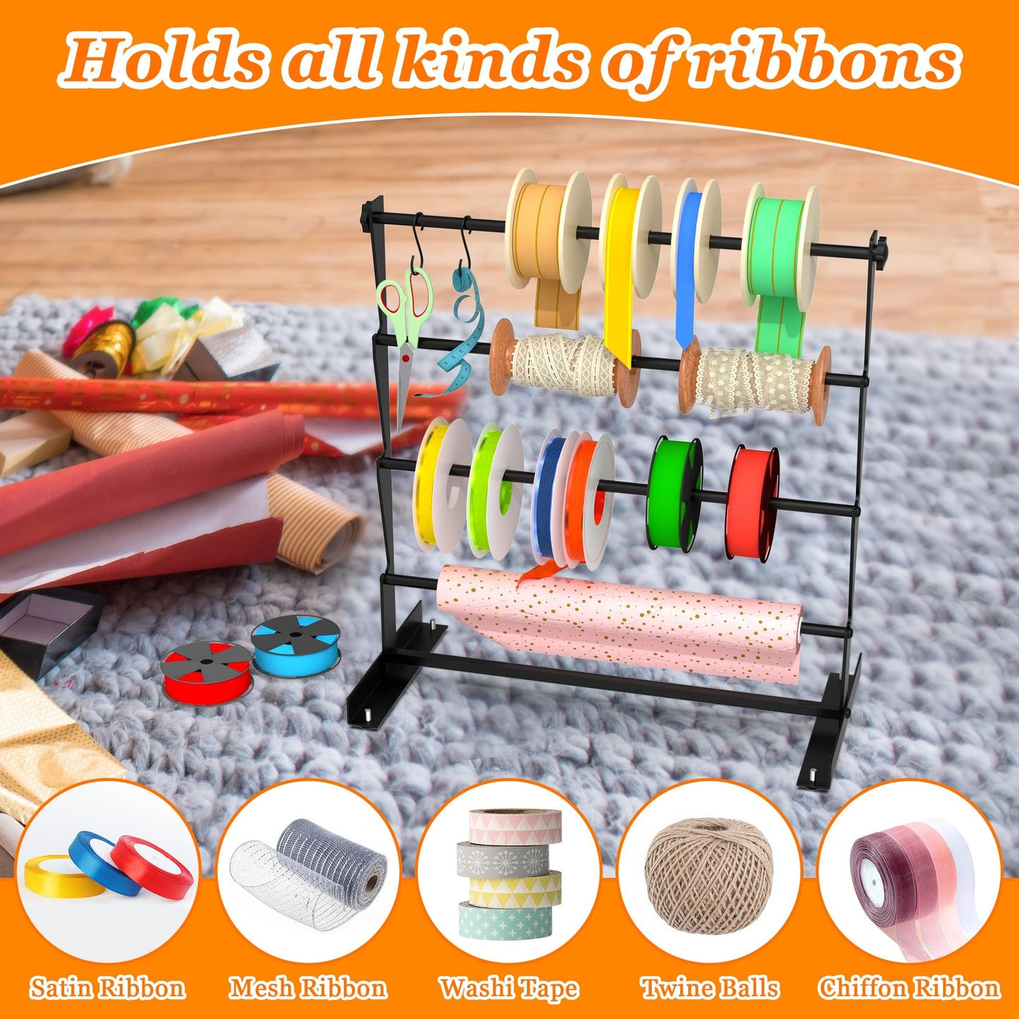 Alyoen Ribbon Organizer, Metal Ribbon Holder Storage Rack with Activity Hooks, Ribbon Spool Holder for Craft Room Sewing Thread Mesh Ribbon Wreath Washi Tape, Florist Arts Wrapping Gift