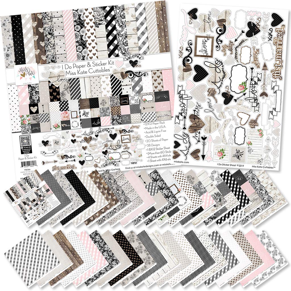 Paper & Sticker Kit - I Do - Wedding - 20 Double-Sided 12x12 Papers with 39 Designs & 1 8X12 Sticker Sheet - Scrapbooking Card Making Crafting - by Miss Kate Cuttables