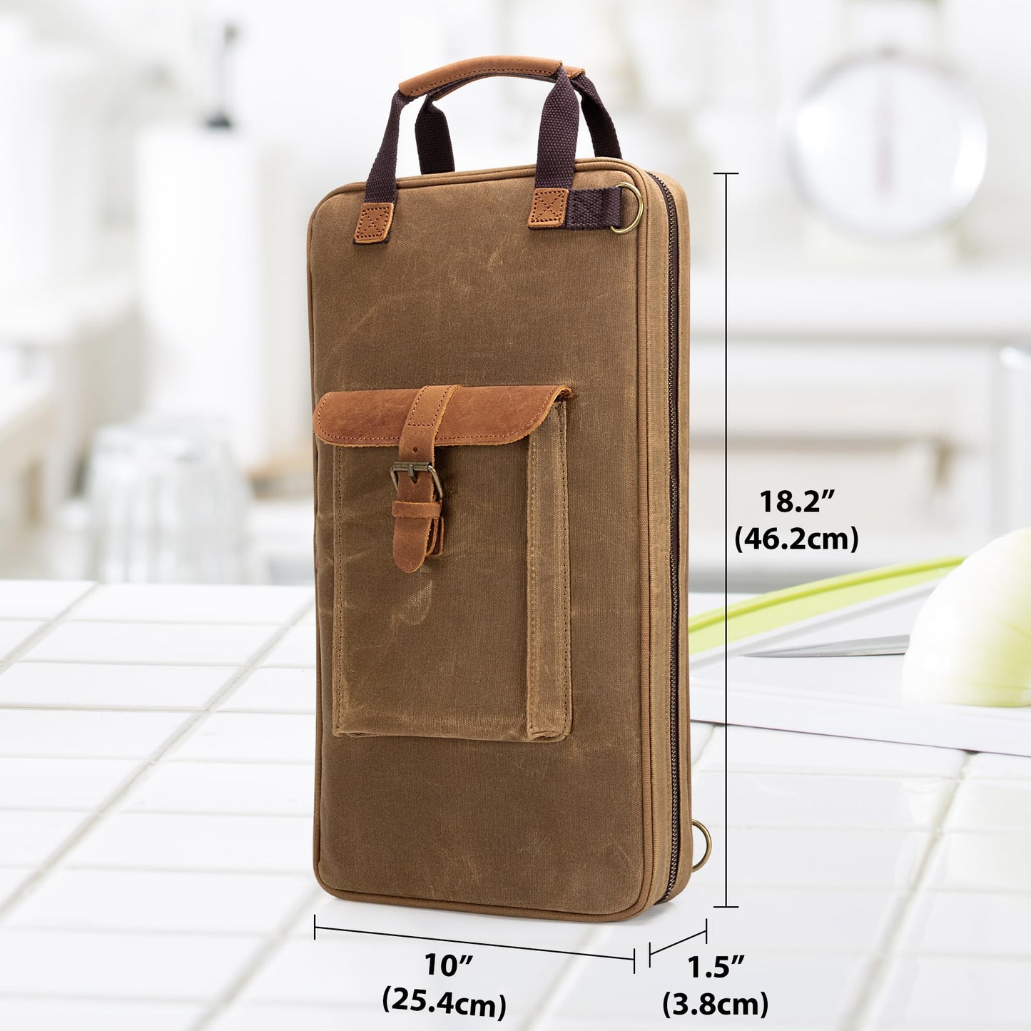 Damero Chef Knife Bag, Waxed Canvas Chef Storage Bag with 11 Slots and 2 Mesh Pockets, Knife Carrier Travel Knife Bag with Top Handles and Detachable Shoulder Strap for Kitchen Tools & Chef Utensils