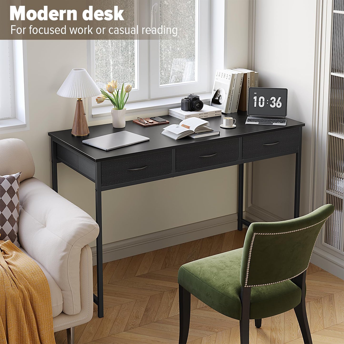 WOHOMO Computer Desk with 3 Drawers, 47.2 Inch Small Vanity Desk with Storage, Home Office Bedroom Desk for Small Spaces, Modern Work Writing Study Gaming Tables, Black