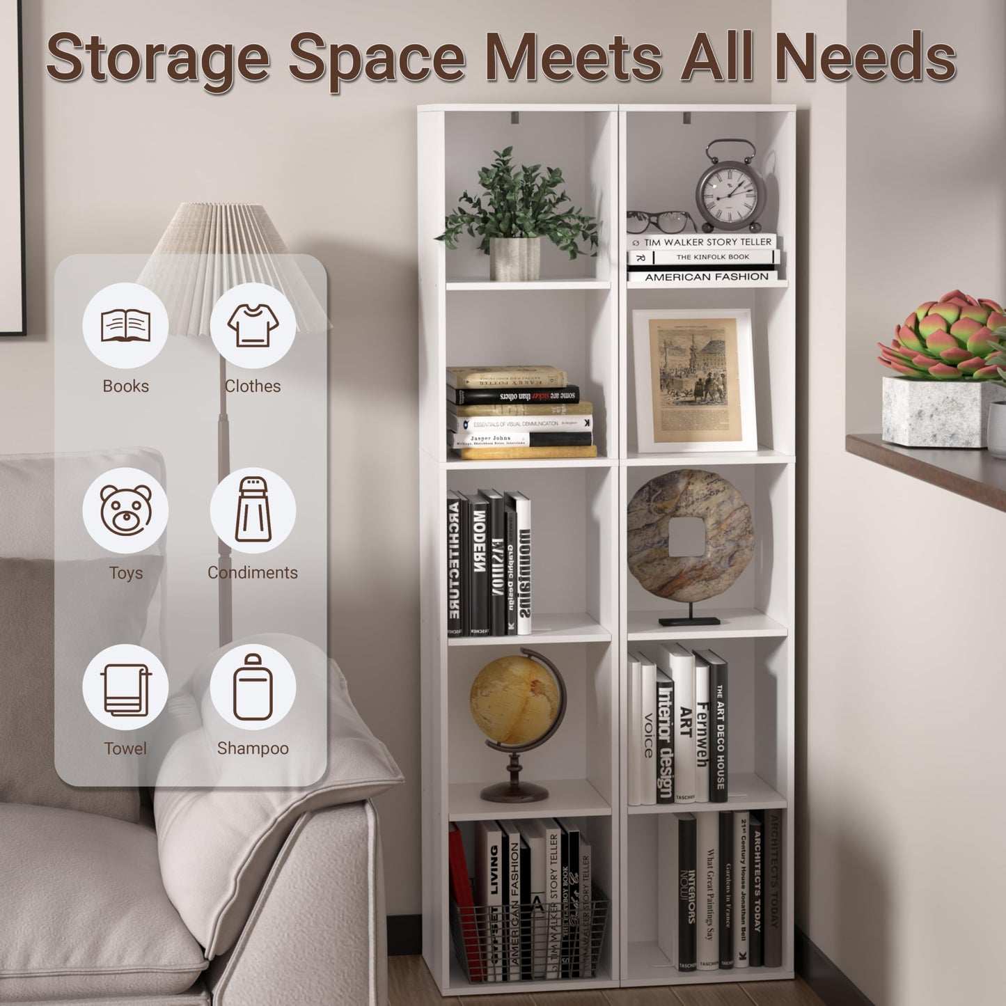 NewBeth Cube Bookshelf, 5 Cube Storage Organizer, Freestanding 5 Tier Open Display Shelf with Eco-Friendly Melamine Surface for Home Office, Bedroom, Living Room, Study, White