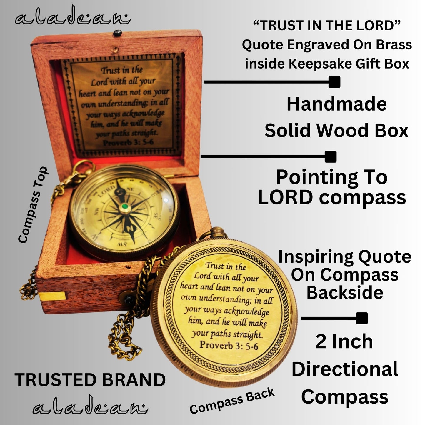 Trust in The Lord - Proverbs 3: 5-6 Engraved Compass, Wood Box Greeting, Inspirational Gift Men, Christian Boys Baptism Gifts, Graduation Day (#1 Lord's Compass)