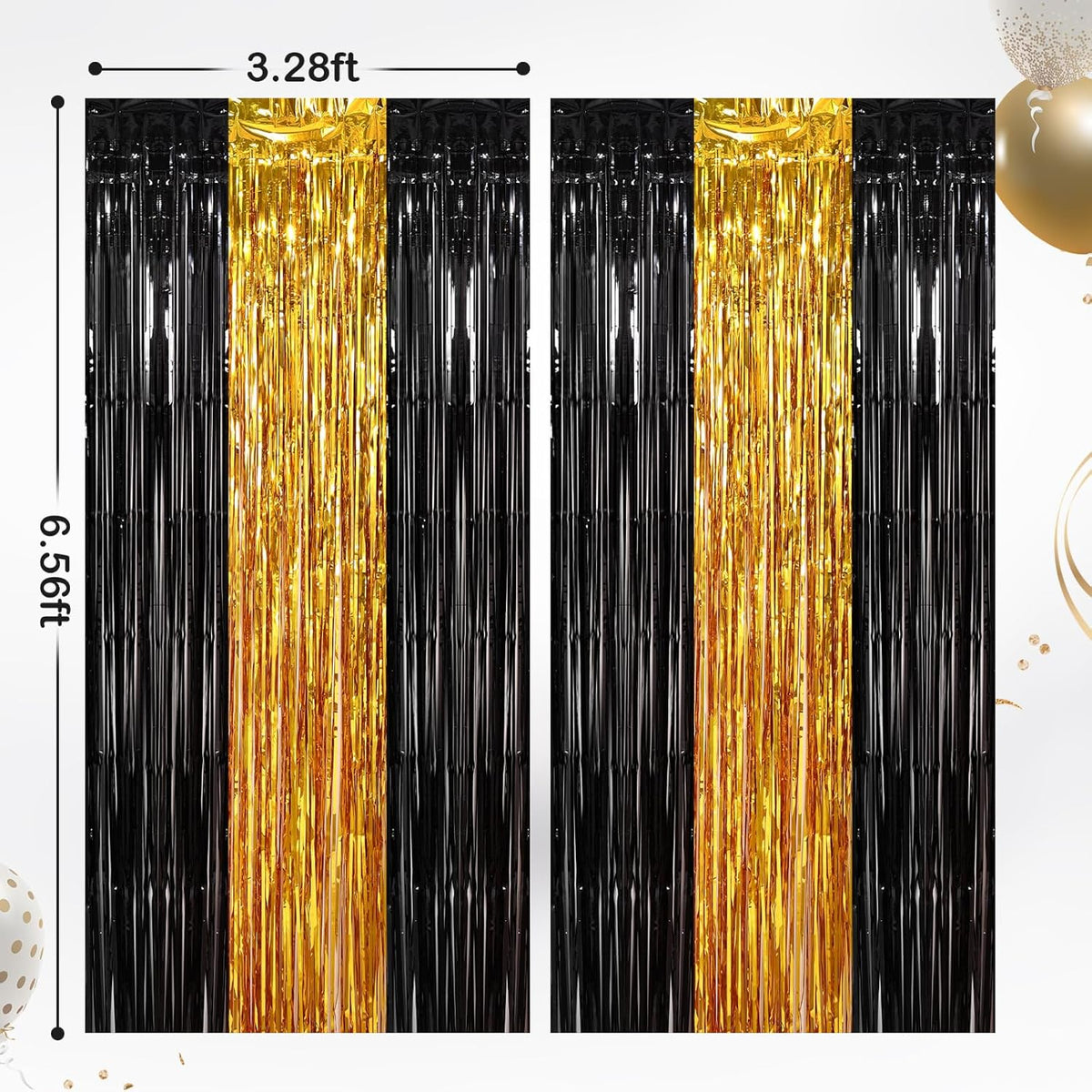 2 Pack Black Gold Metallic Tinsel Foil Fringe Curtains, Door Streamers Photo Booth Backdrop for Birthday Party, Tinsel Curtain Backdrop for Baby Shower Bachelorette Christmas Party Decorations