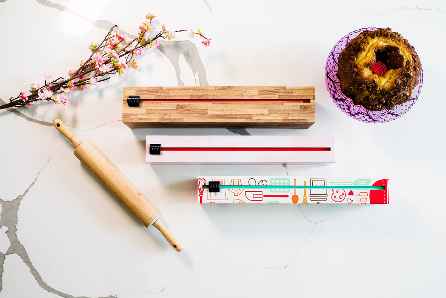 ChicWrap Rose Marble Parchment Paper Dispenser - Includes 15"x 33' (42 Sq. Ft) Roll Unbleached Baking, Cooking & Culinary Paper - Reusable Dispenser w/Slide Cutter - Kosher Certified