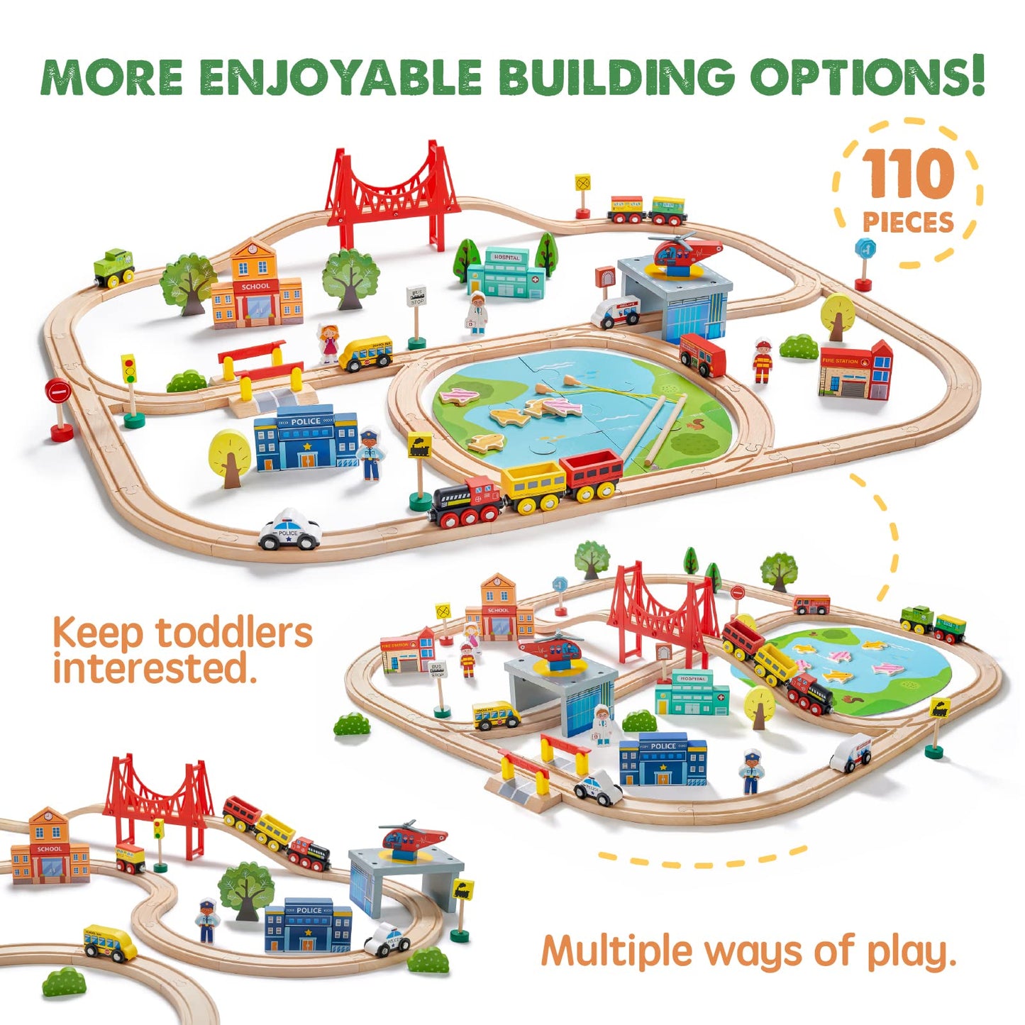 Tiny Land 110PCS Wooden Train Set – Toy Train with Tracks for Kids Ages 3-7, Compatible with Major Brands, Ideal Railway Playset for Boys and Girls, Great Birthday
