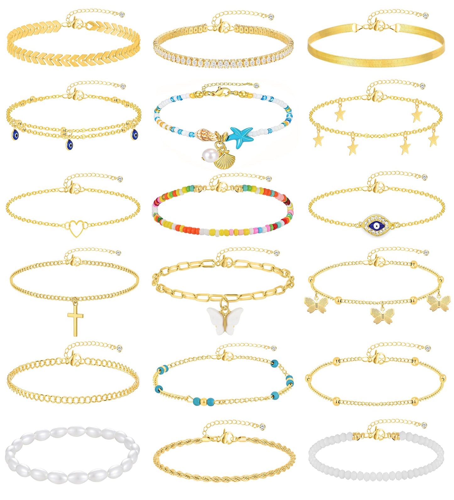 17KM 18PCS Gold Ankle Bracelets for Women, Boho Shell Bead Cuban Link Chain Waterproof Gold Anklets Set, Adjustable Layered Anklets for Women Beach Jewelry Gift