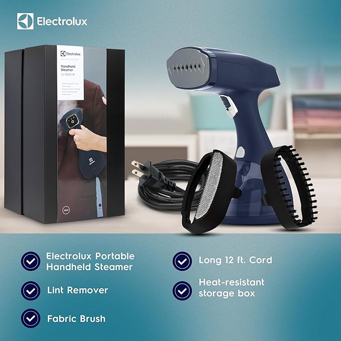 Electrolux Steamer for Clothes, LX15003 Portable Handheld Fabric and Garment Steamer Iron Press Wrinkle Remover with Lint Remover & Fabric Brush – Blue