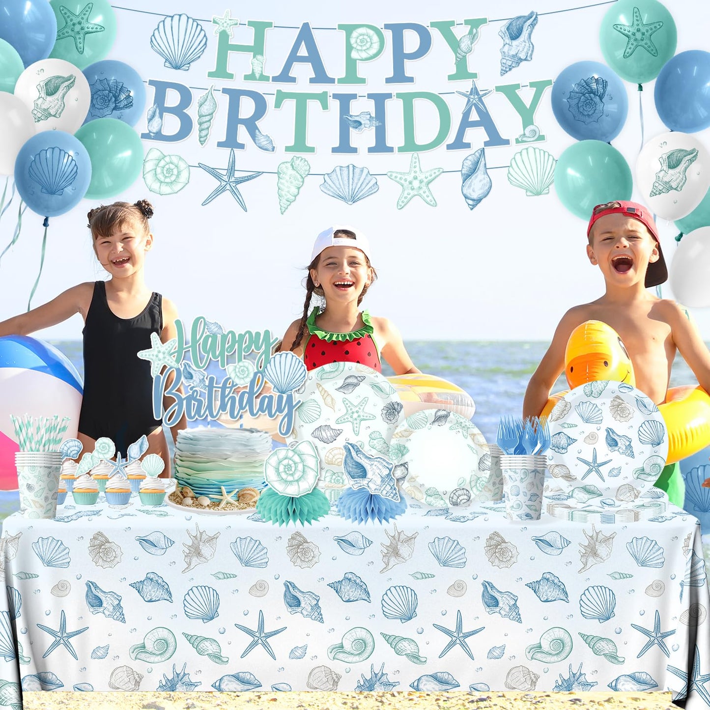 Seashell Birthday Decorations,190pcs Beach Party Supplies Coastal Party Decorations Plates and Napkins Cups Tablecloths,Cake Topper,Balloon for Ocean Theme Birthday Decorations,Serves 24