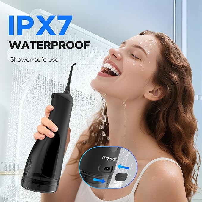 Mornwell Water Dental Flosser Cordless for Teeth Cleaning, 5 Modes Waterproof Oral Irrigator, 300ML Rechargeable Gum Braces Flossers Cleaner, Portable Electric Flossing Machine for Travel Home (Black)
