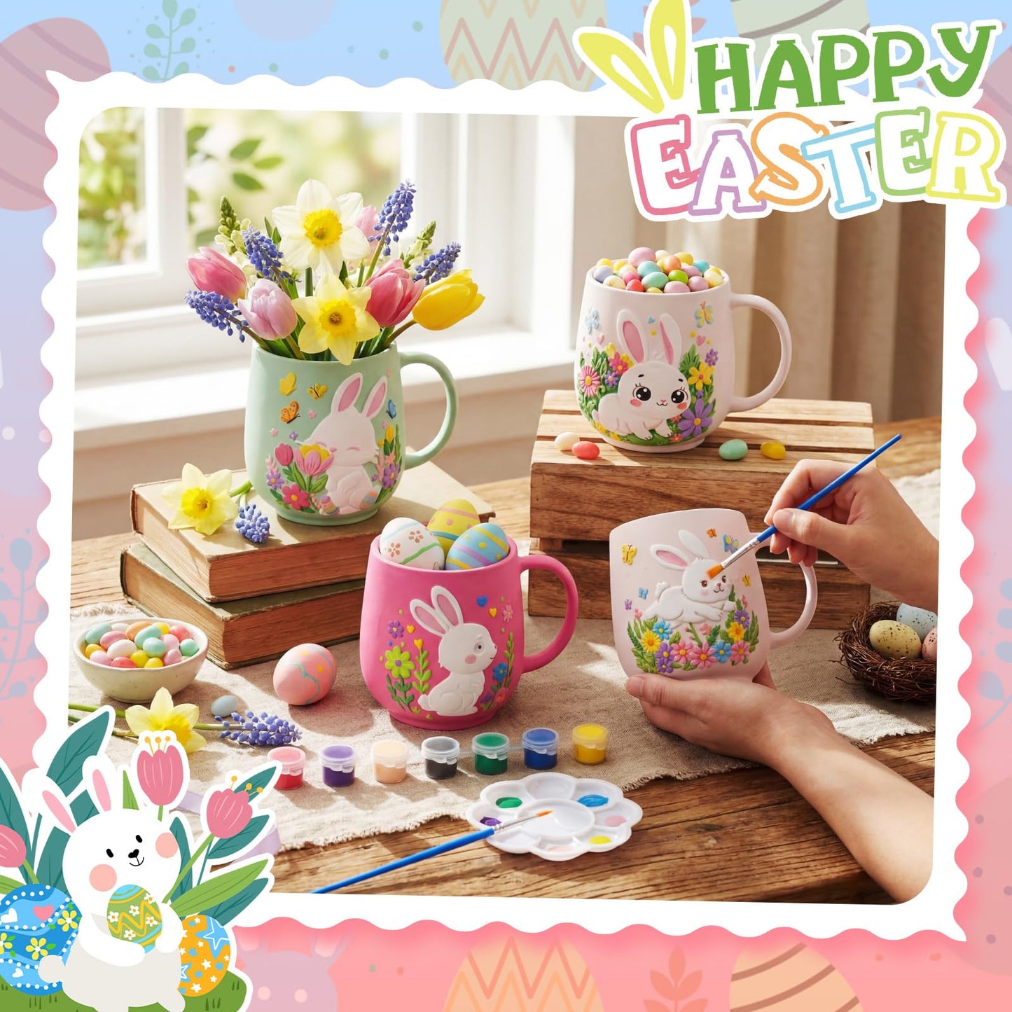 Zubebe 4 Sets Easter Paint Your Own Mugs Craft Kit, Bunny Ceramic to Paint, DIY Mugs for Adults, Festive Coffee Tea Cup for Adults with Painting Set for Easter Basket Stuffers Family Party Favors Gift