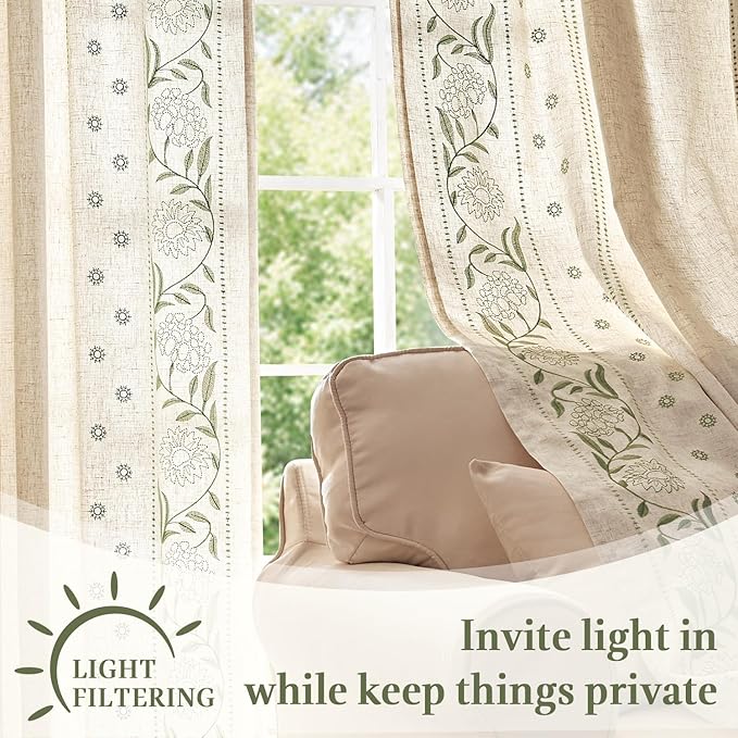 jinchan Winslow Lined Linen Curtains for Bedroom 84 Inches Linen Blended Embroidered Bordered Floral Curtains for Living Room Farmhouse Decor Window Treatments Sage on Beige Drapes 2 Panels