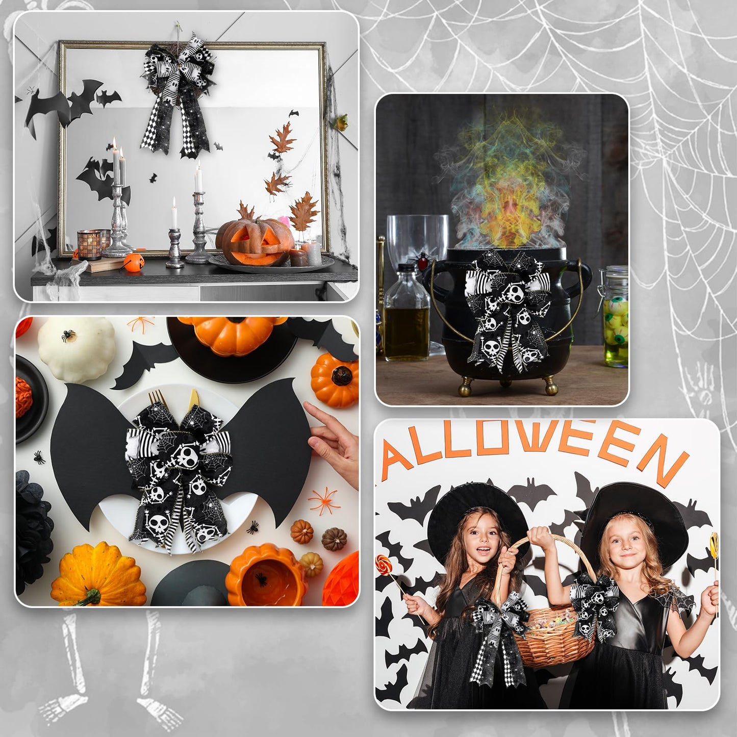 JarThenaAMCS 5 Roll Halloween Wired Edge Ribbon - 2.5 Inch, 30 Yards Ghost Skeleton Spider Web - White & Black Spooky Gift Wrap Ribbon for Bow, Wreath, Craft & Party Decor