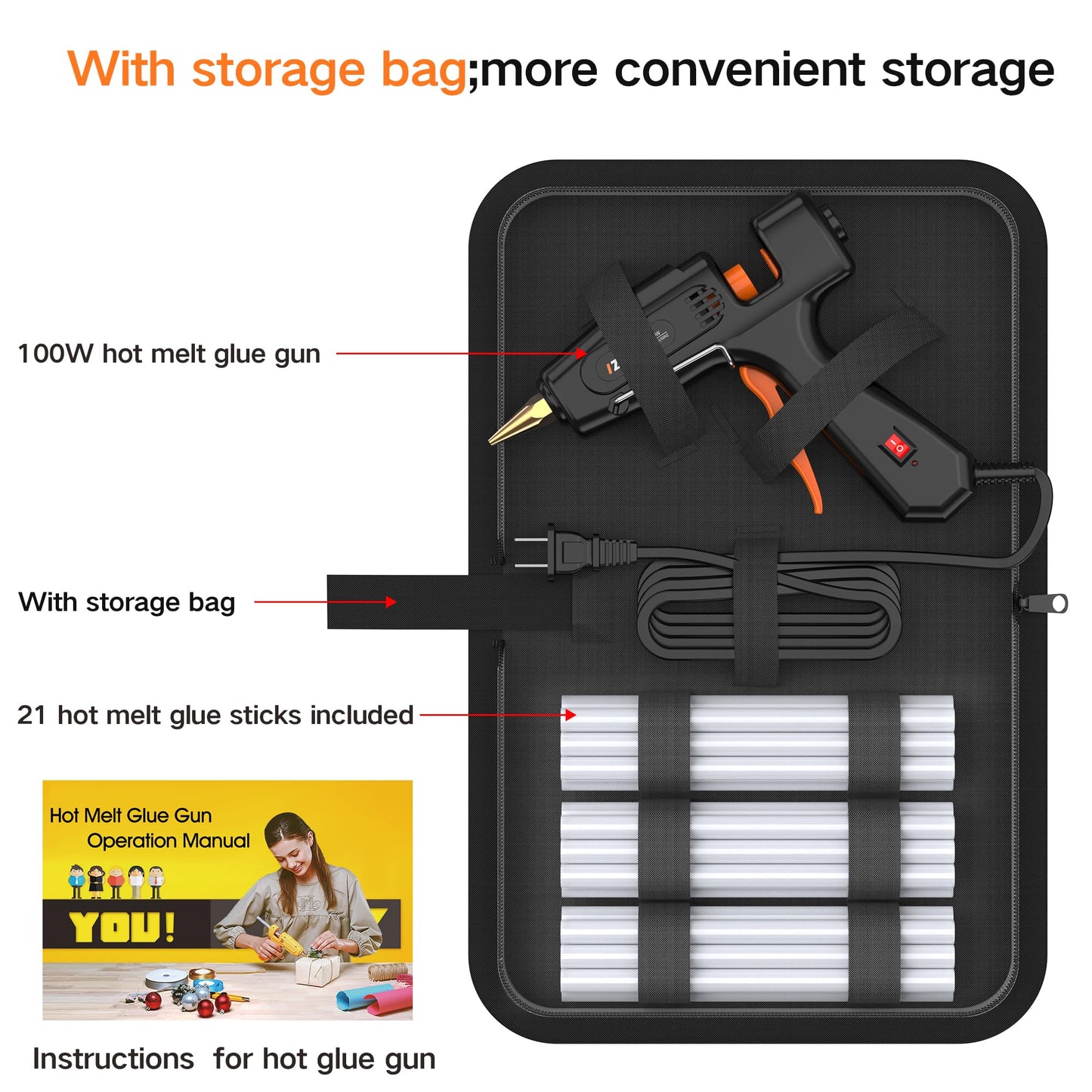 IZIO Hot Glue Gun with 21 Glue Sticks7/16") &Storage Pouch - 100W Fast Heating (2-3 Min), Heavy Duty DIY Starter Kit for Crafts, Fabric, Wood, Home Repairs,Non-Drip Precision Nozzle, ergonomic|Black