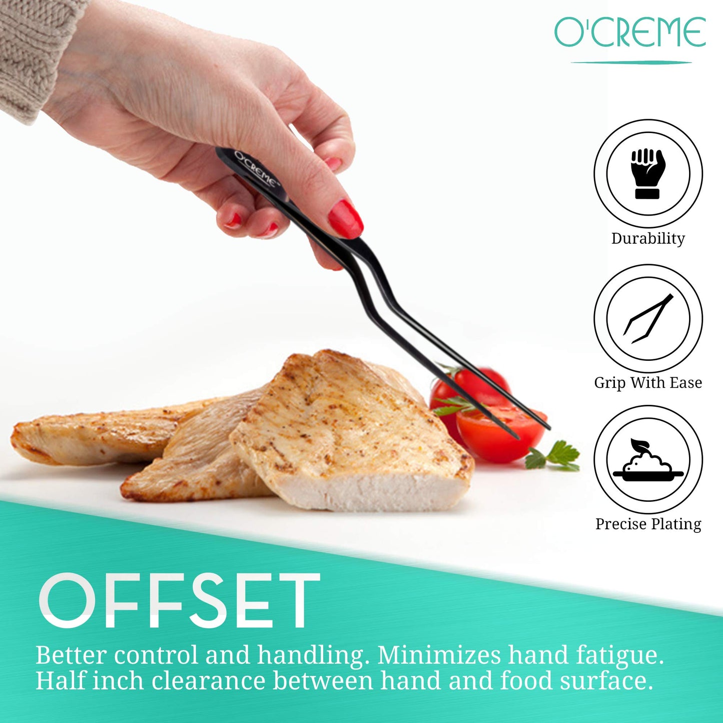 O'Creme 8 Inch Black Stainless Steel Precision Kitchen Culinary Offset Tweezer Tongs
