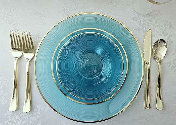 OCCASIONS 240-Pc Disposable Plastic Dinnerware Set (120 Guests) for Wedding Party - 10'' Dinner & 7'' Salad Dessert Plates (120 Each), Premium Heavyweight (Belize, Aqua & Gold)