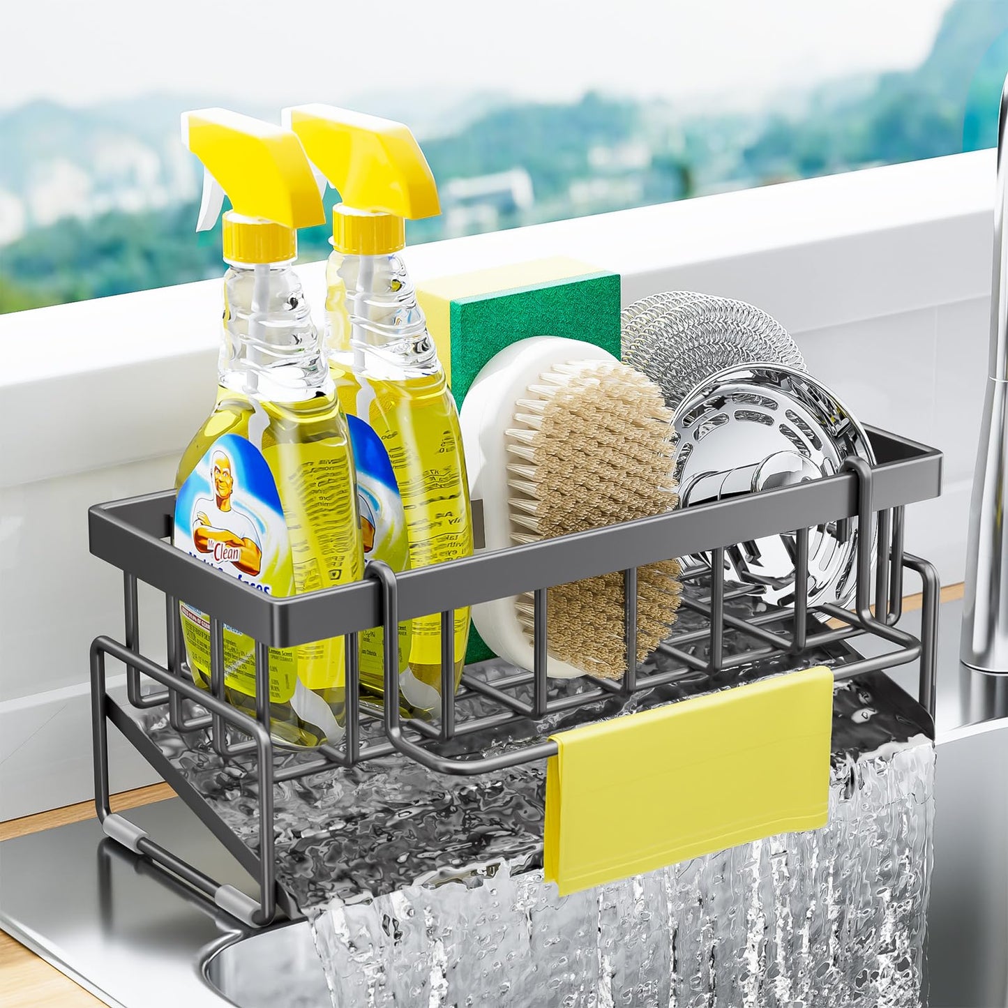 BREIS Kitchen Sink Caddy Organizer with Rag Holder,Self-Draining Sponge Holder for Countertop Soap Dispenser Organizers and Storage Essentials,Kitchen Decor and Accessories