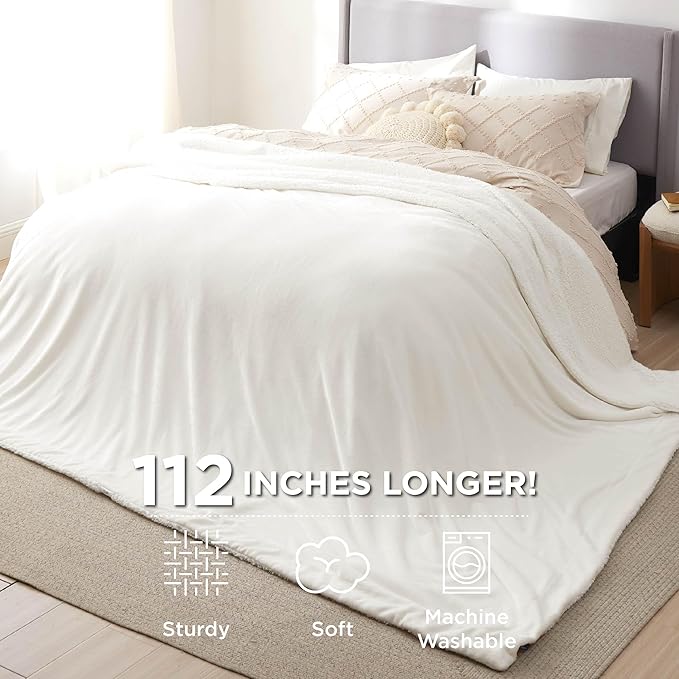 Bedsure Sherpa Fleece Oversized Cal King Blankets for Bed - Thick and Warm, Soft Fuzzy Plush Large Blanket for Winter, White, 112x98 Inches