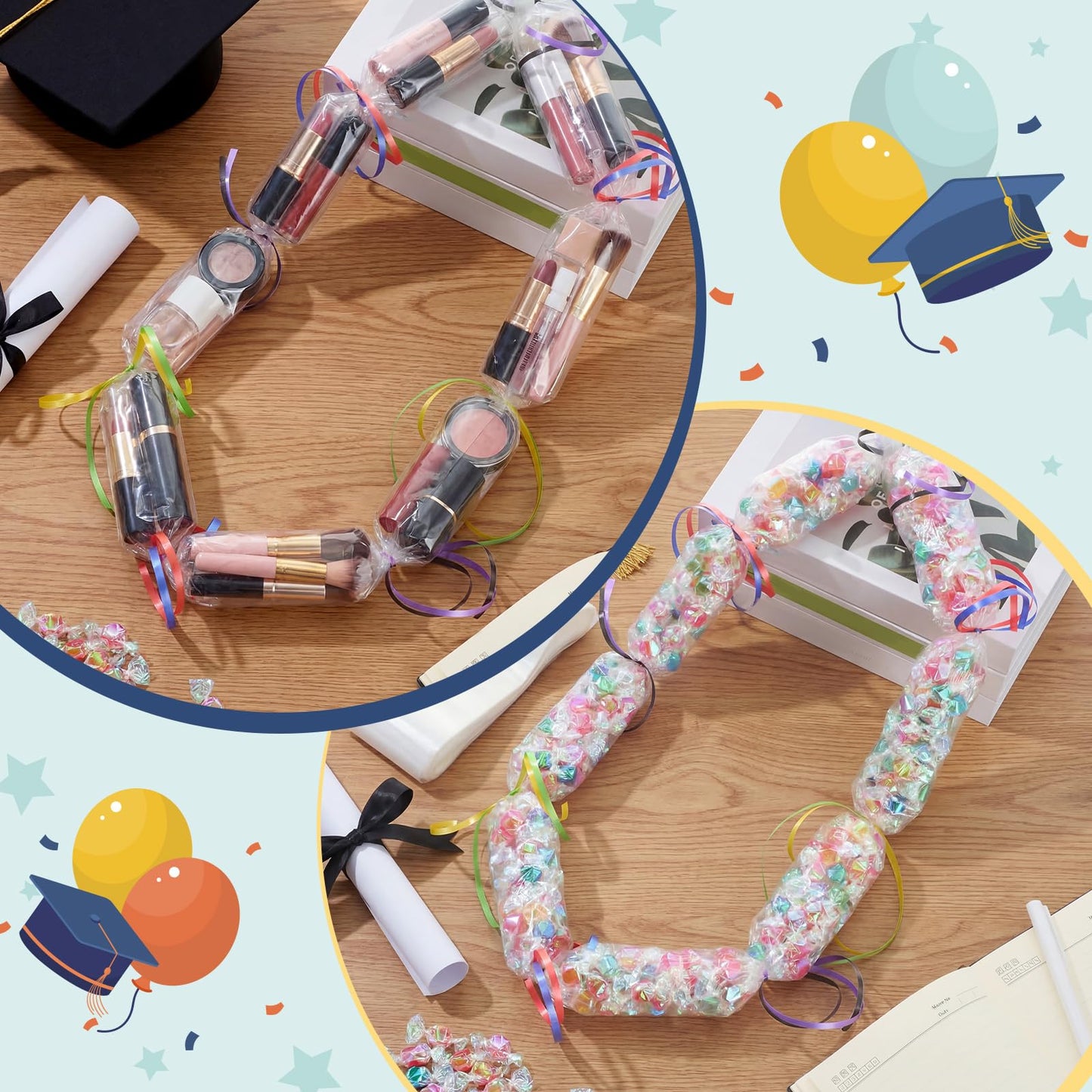 Spakon 60 Pcs 2.76 Inch x 59.06 ft Clear PE Poly Tubing Graduation Candy Wreath Making Kit, 6 Rolls 32.81 ft 6 Colors Ribbon for Graduation Packing DIY Snacks Candy Party Lei Kit