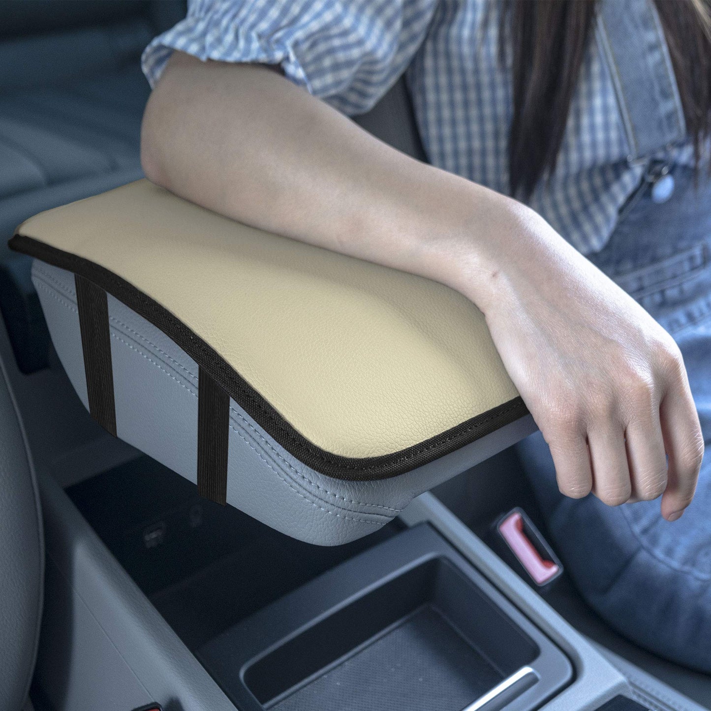 FH Group Faux Leather Center Console Armrest Cushion, Luxury Seat Box Cover Protector for Most Cars, Trucks, and SUVs (Beige)