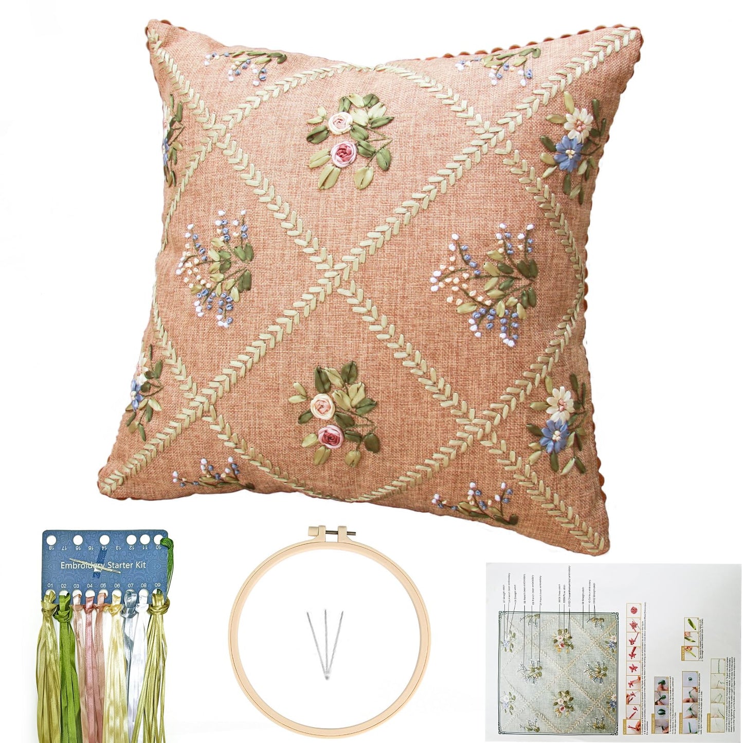 FONNUY Crewel Ribbon Embroidery Kit, Floral Pillow Covers, DIY Pillowcase Kits for Audlt Beginners, 18 x 18'' (Brown)