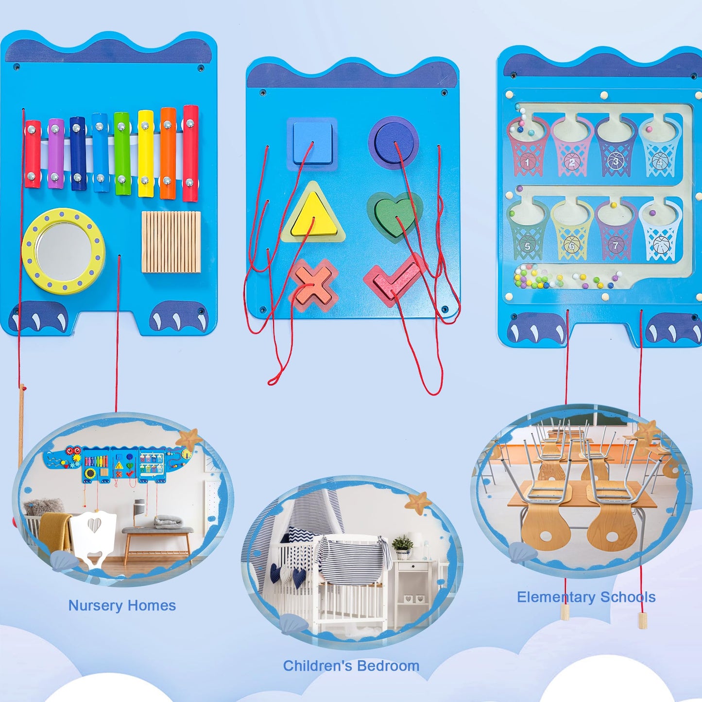 Spacocld Crocodile Sensory Toys Activity Wall Panels - Montessori Busy Board, Toddler Learning Panel, Wall-Mounted Playroom/Daycare Educational Toys, Interactive Wooden Gift for Kids 3-6, Blue