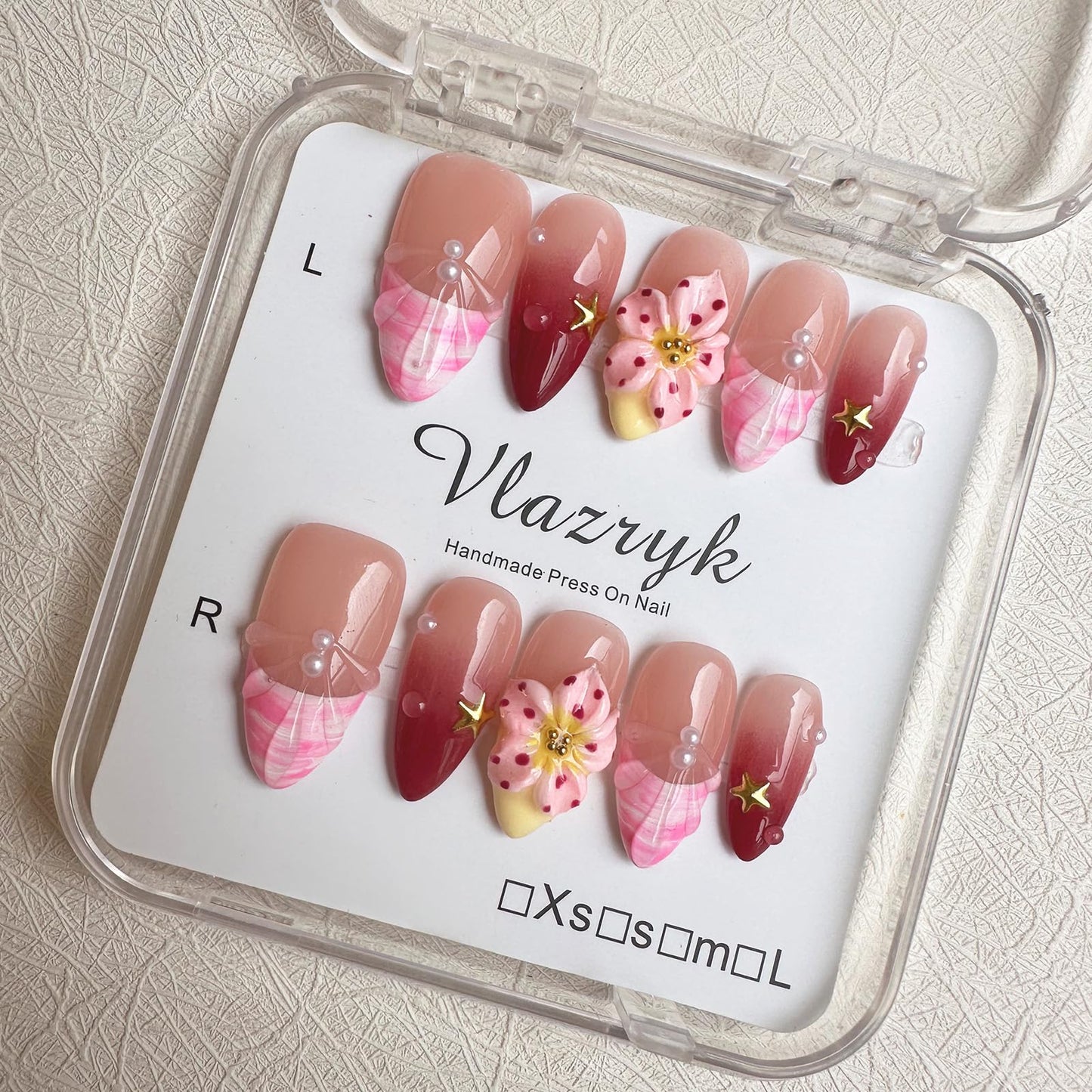 Handmade Press on Nails Wine Red Gradient,French Tip 3D Flower & Pearl Designs,Full Cover Medium Almond Fake Nails,Multi-Layer Gel Acrylic Stick on Nails for Women (10pcs) M SIZE