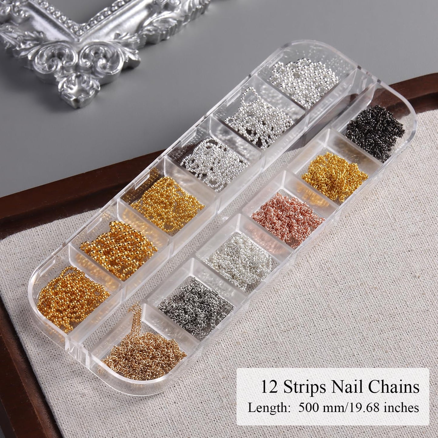 Furtherpretty 3D Chain Nail Charms Set, 12 Strips Rose Gold Silver Metal Bead Chains for Nails, Y2K Gothic Punk Dangle Nail Charms Piercing Decorations Accessories for DIY Home Manicure Supplies